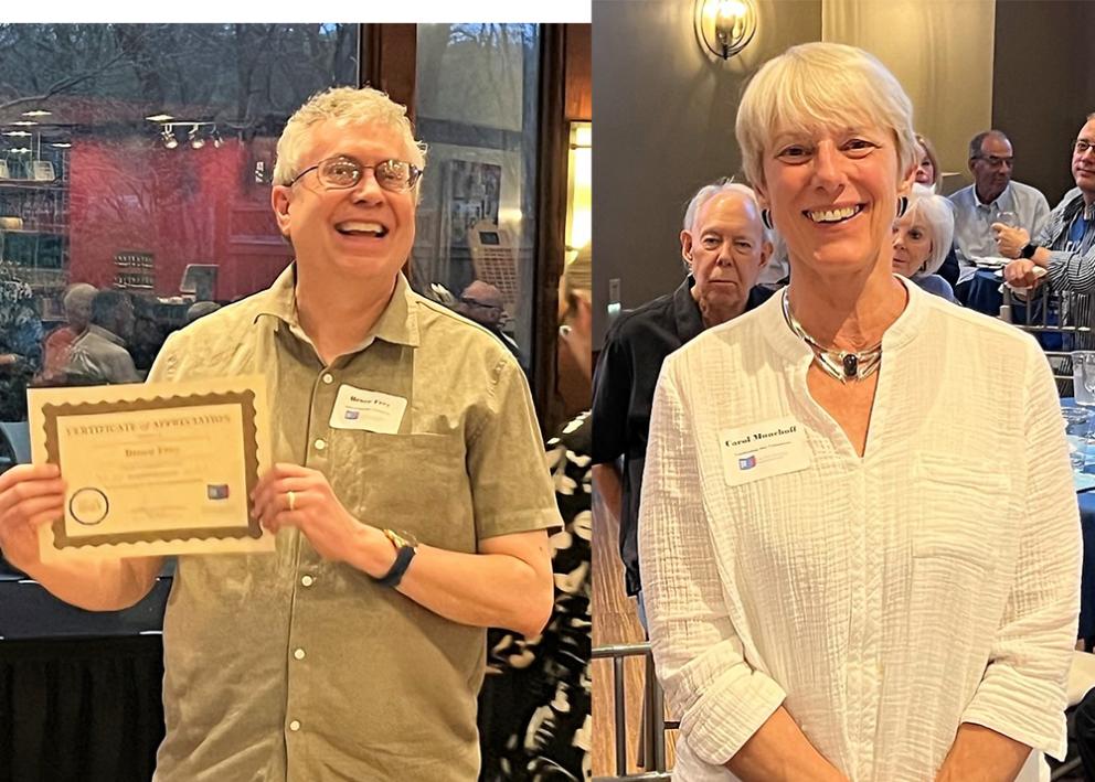 Bruce Frey holding his certificate and Carol Munchoff smiling