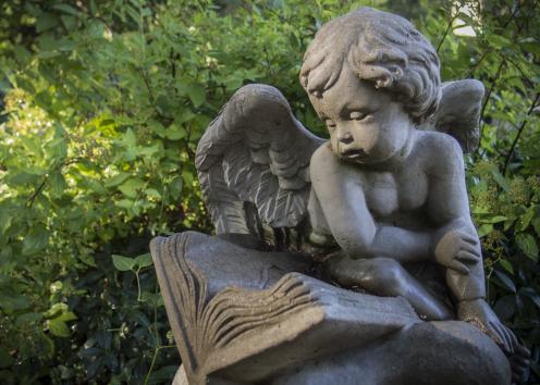 a stone statue from the garden of a child angel with wings reading an open book